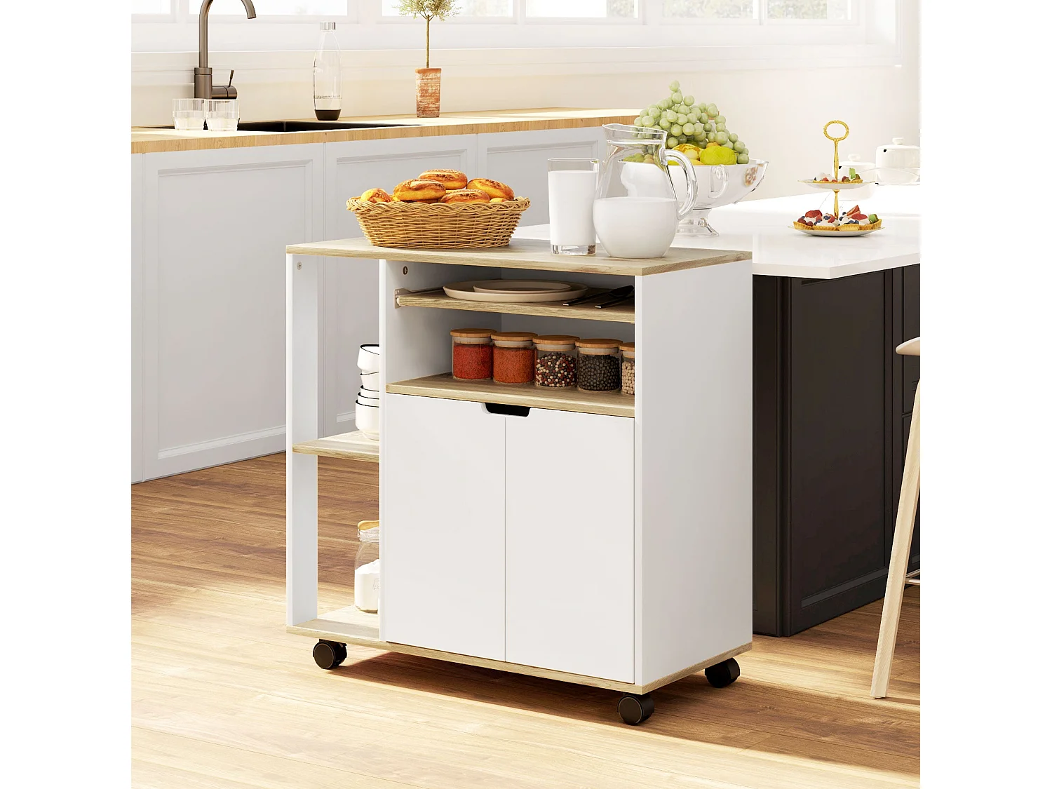 Chariot de cuisine sur roulettes avec rangement, placard et étagères réglables – Blanc – Pour cuisine, salon et salle à manger