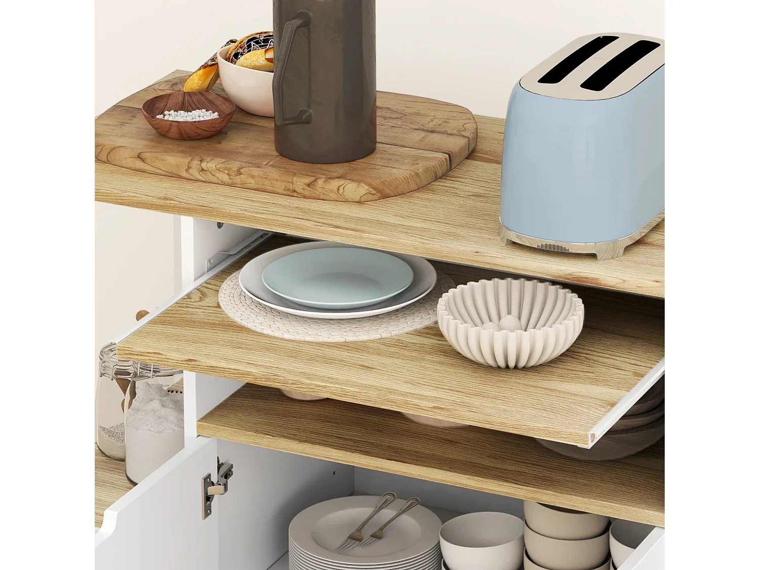 Chariot de cuisine sur roulettes avec rangement, placard et étagères réglables – Blanc – Pour cuisine, salon et salle à manger