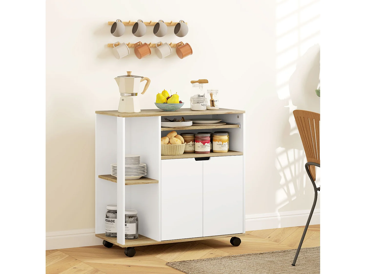 Chariot de cuisine sur roulettes avec rangement, placard et étagères réglables – Blanc – Pour cuisine, salon et salle à manger