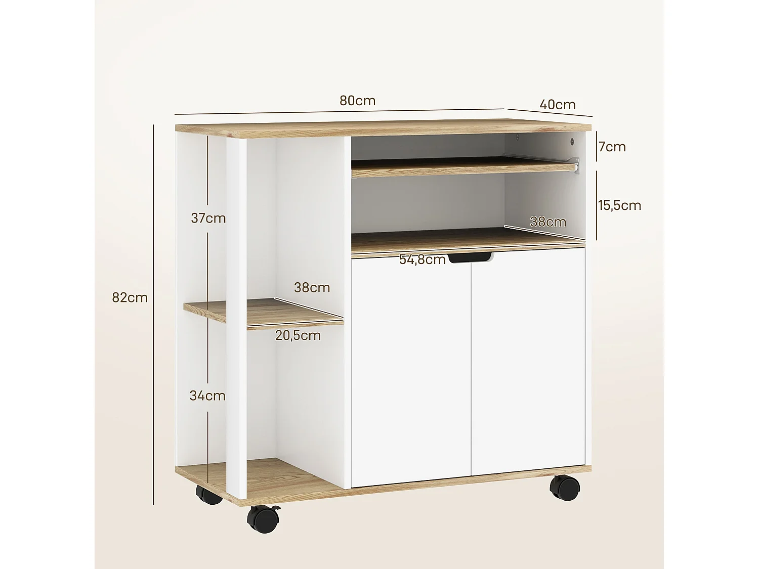 Chariot de cuisine sur roulettes avec rangement, placard et étagères réglables – Blanc – Pour cuisine, salon et salle à manger