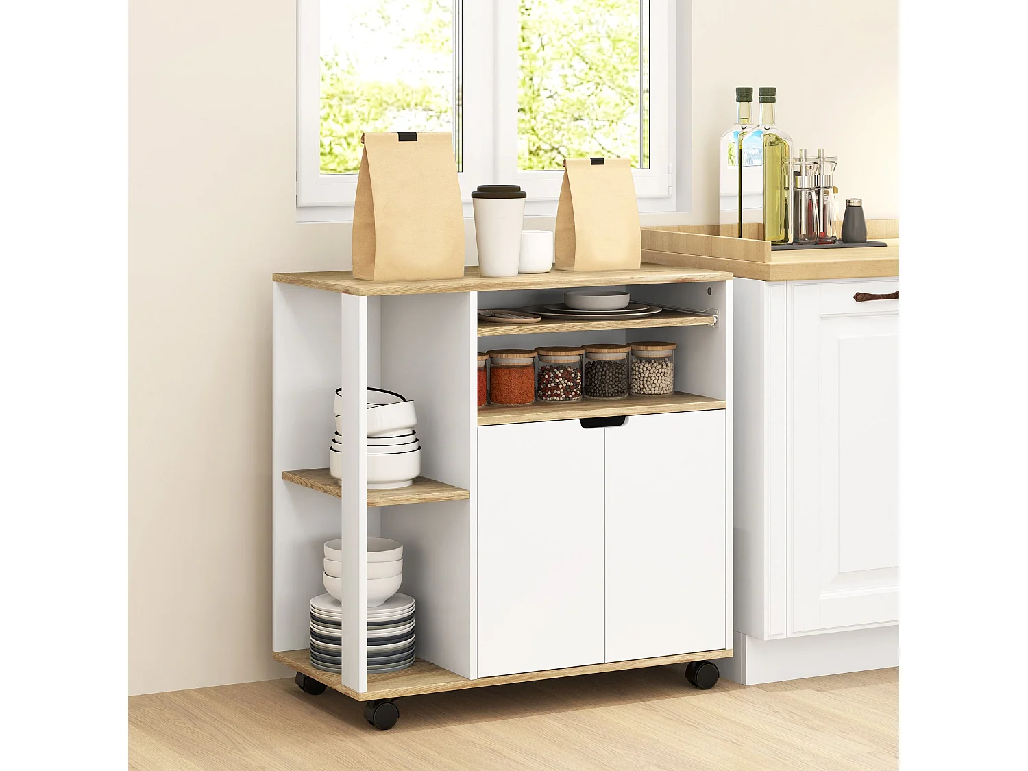 Chariot de cuisine sur roulettes avec rangement, placard et étagères réglables – Blanc – Pour cuisine, salon et salle à manger