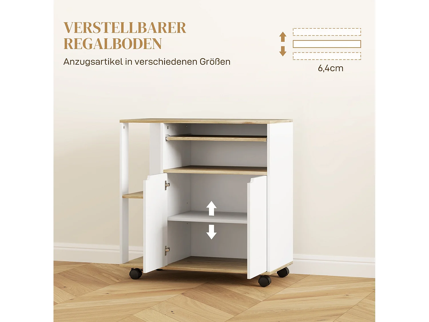 Chariot de cuisine sur roulettes avec rangement, placard et étagères réglables – Blanc – Pour cuisine, salon et salle à manger