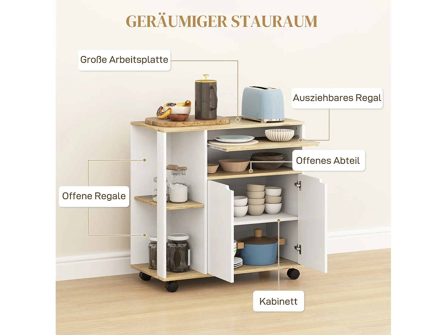 Chariot de cuisine sur roulettes avec rangement, placard et étagères réglables – Blanc – Pour cuisine, salon et salle à manger