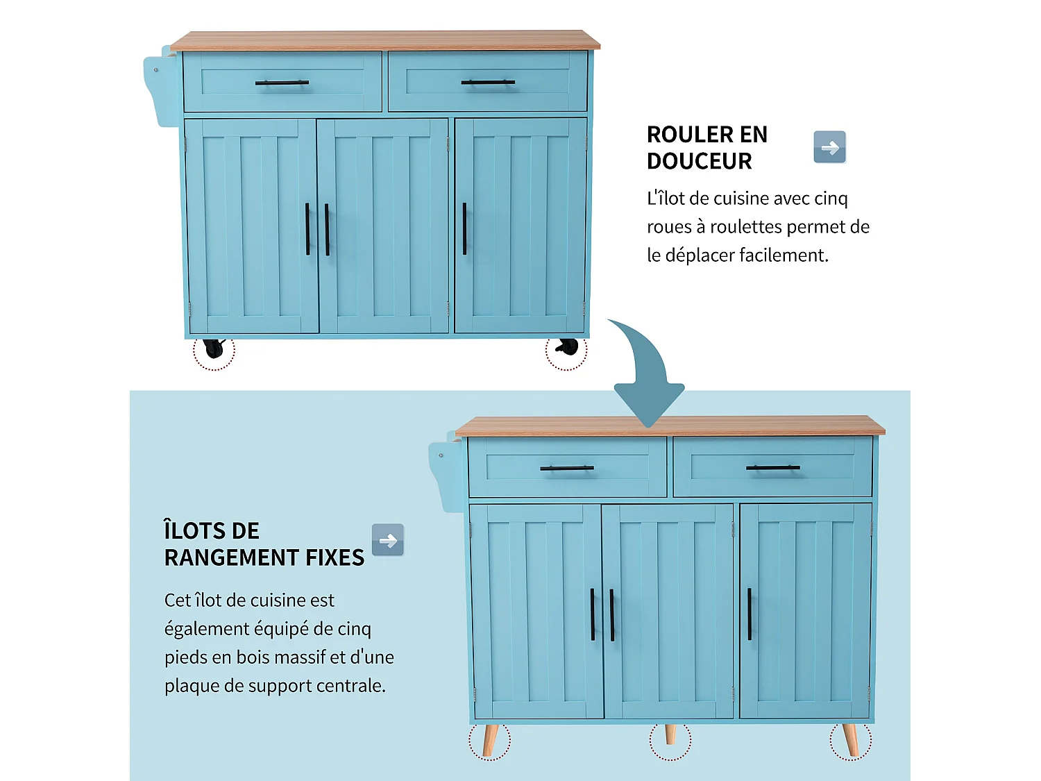 Grand chariot de salle à manger / buffet 129x46(71)x91,5 cm, plan de travail aspect bois massif + meuble bleu / plateau rabattable / portes de rangement / roulettes