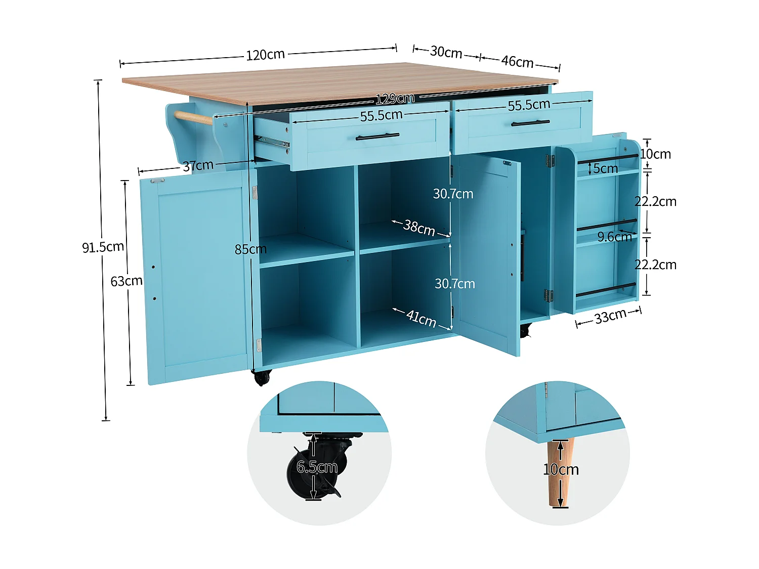 Grand chariot de salle à manger / buffet 129x46(71)x91,5 cm, plan de travail aspect bois massif + meuble bleu / plateau rabattable / portes de rangement / roulettes