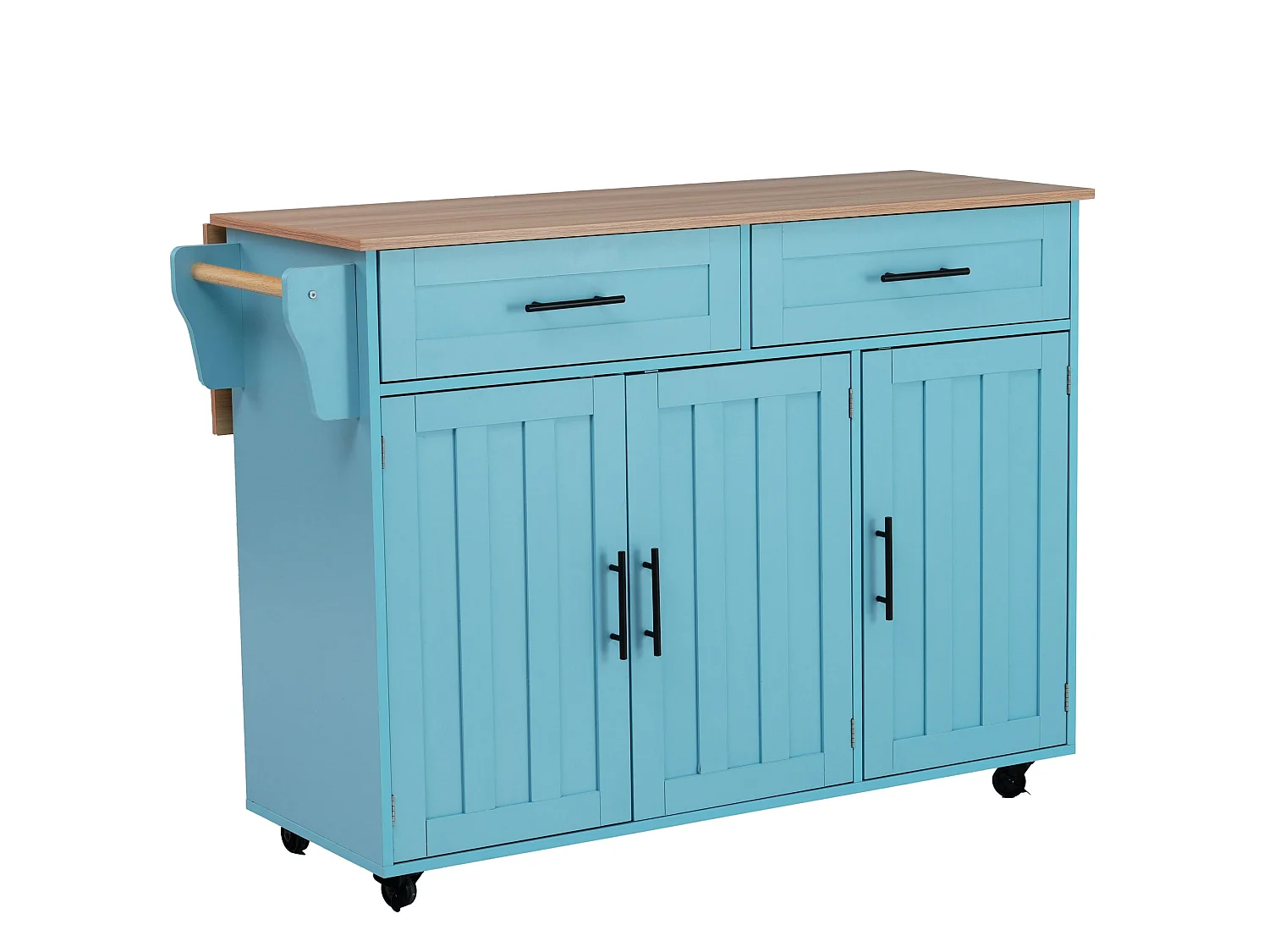Grand chariot de salle à manger / buffet 129x46(71)x91,5 cm, plan de travail aspect bois massif + meuble bleu / plateau rabattable / portes de rangement / roulettes