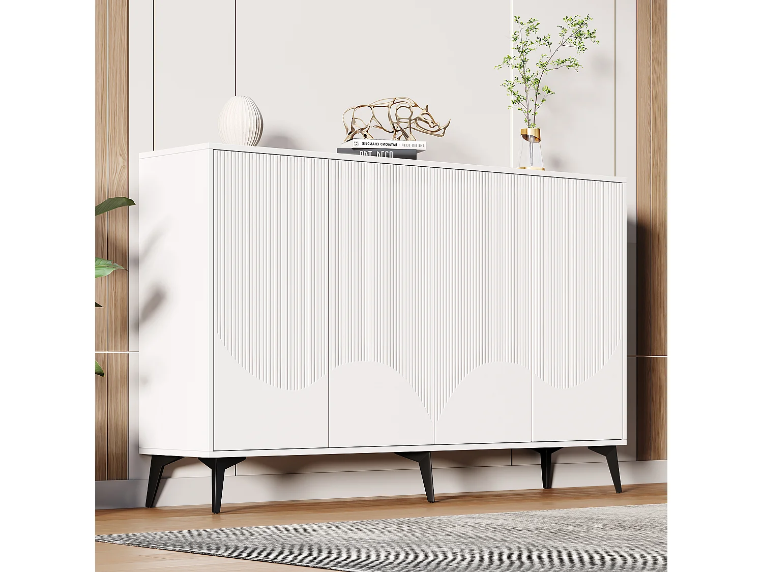 Buffet moderne pour salon - 160 x 35 x 100 cm - avec 4 portes - pieds en métal - aggloméré - blanc