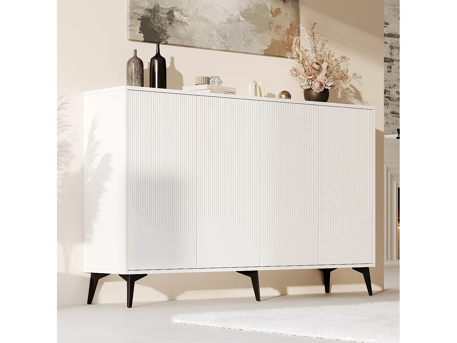 Buffet moderne pour salon - 160 x 35 x 100 cm - avec 4 portes - pieds en métal - aggloméré - blanc