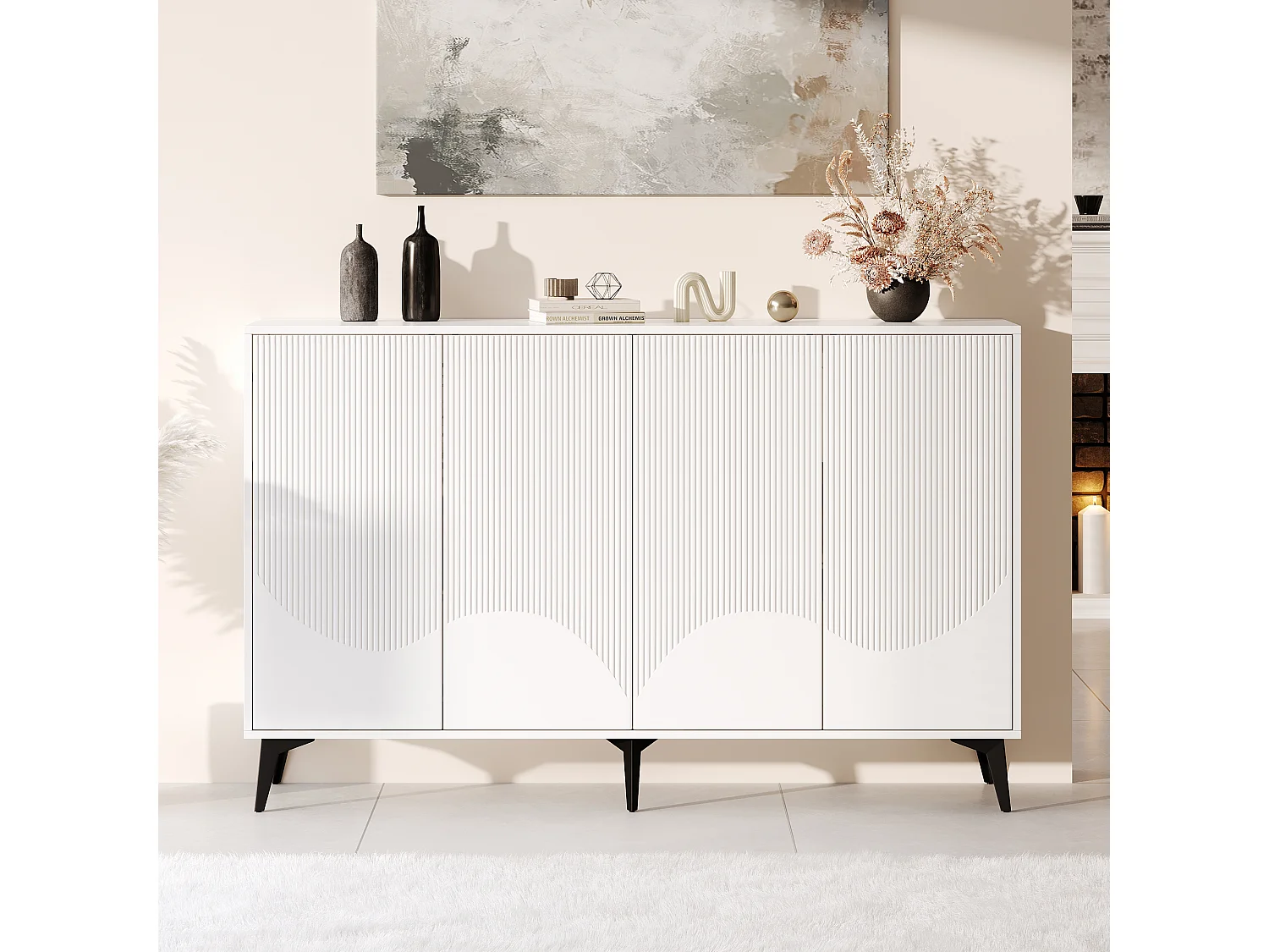 Buffet moderne pour salon - 160 x 35 x 100 cm - avec 4 portes - pieds en métal - aggloméré - blanc