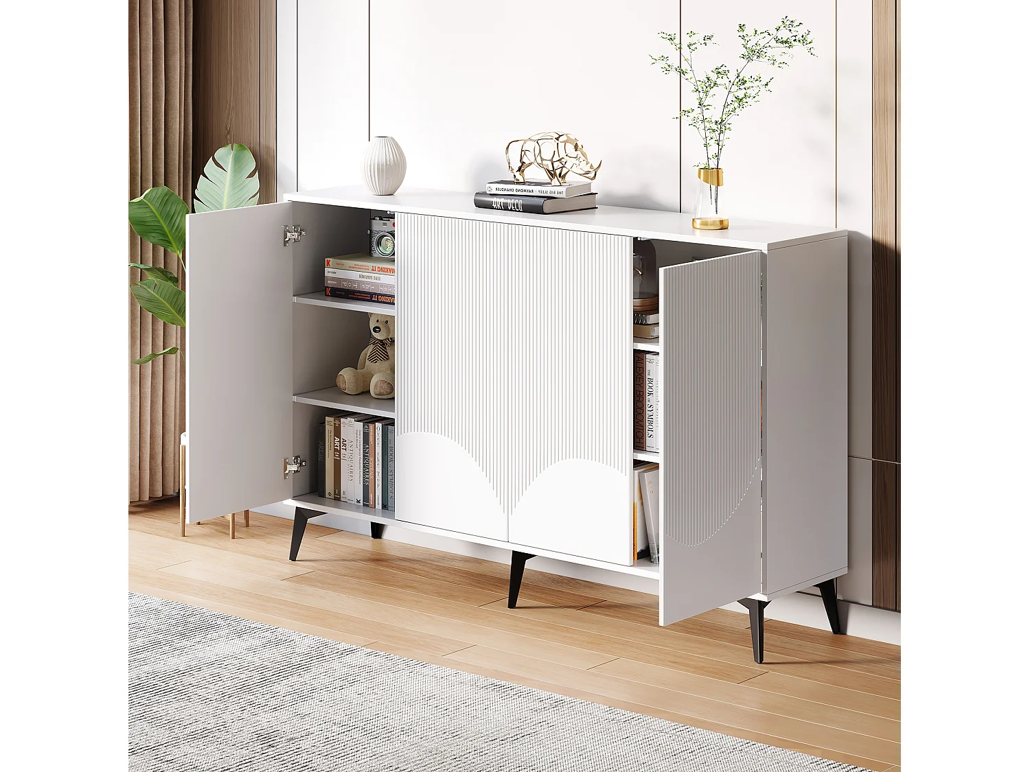 Buffet moderne pour salon - 160 x 35 x 100 cm - avec 4 portes - pieds en métal - aggloméré - blanc