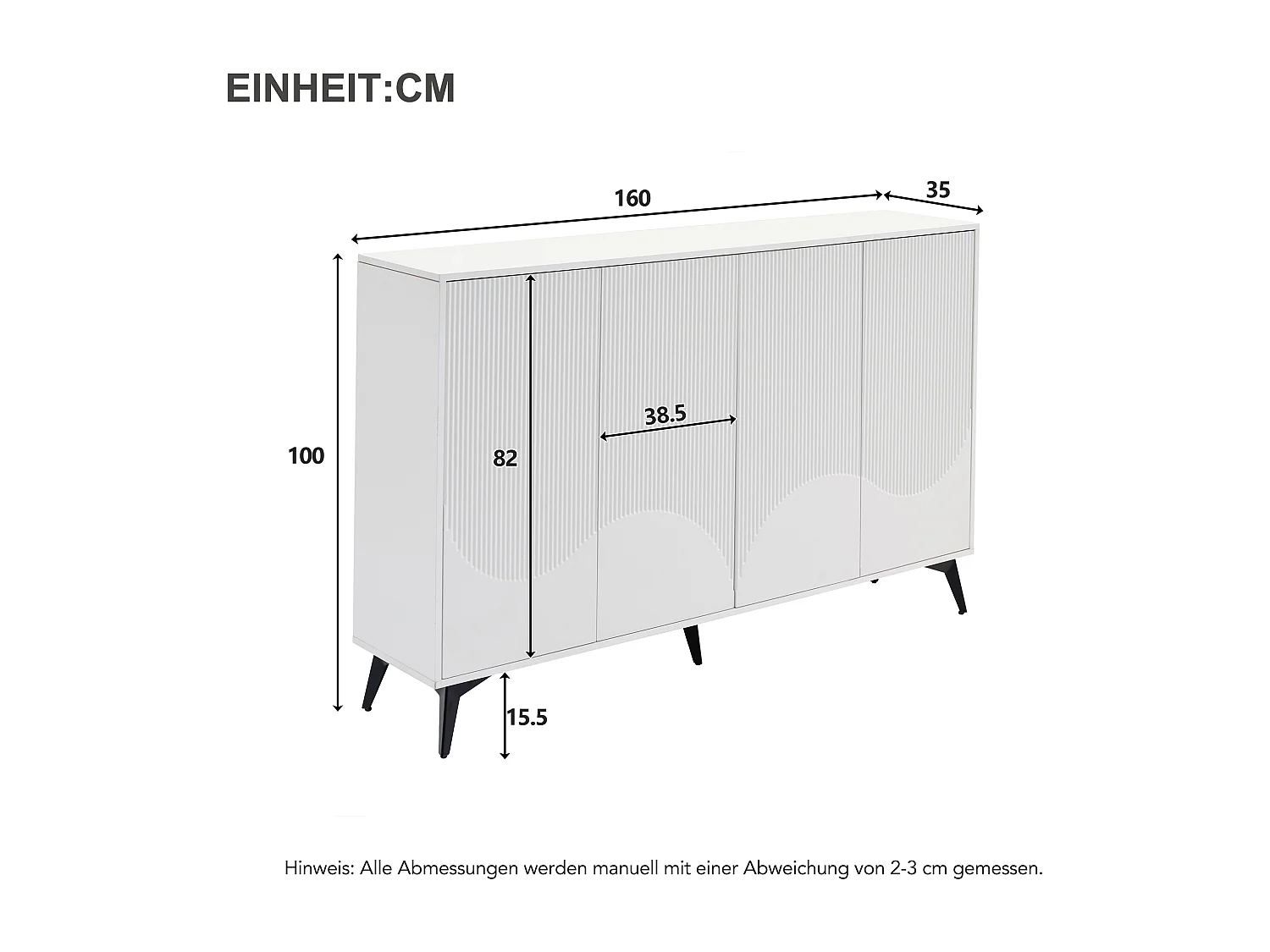 Buffet moderne pour salon - 160 x 35 x 100 cm - avec 4 portes - pieds en métal - aggloméré - blanc