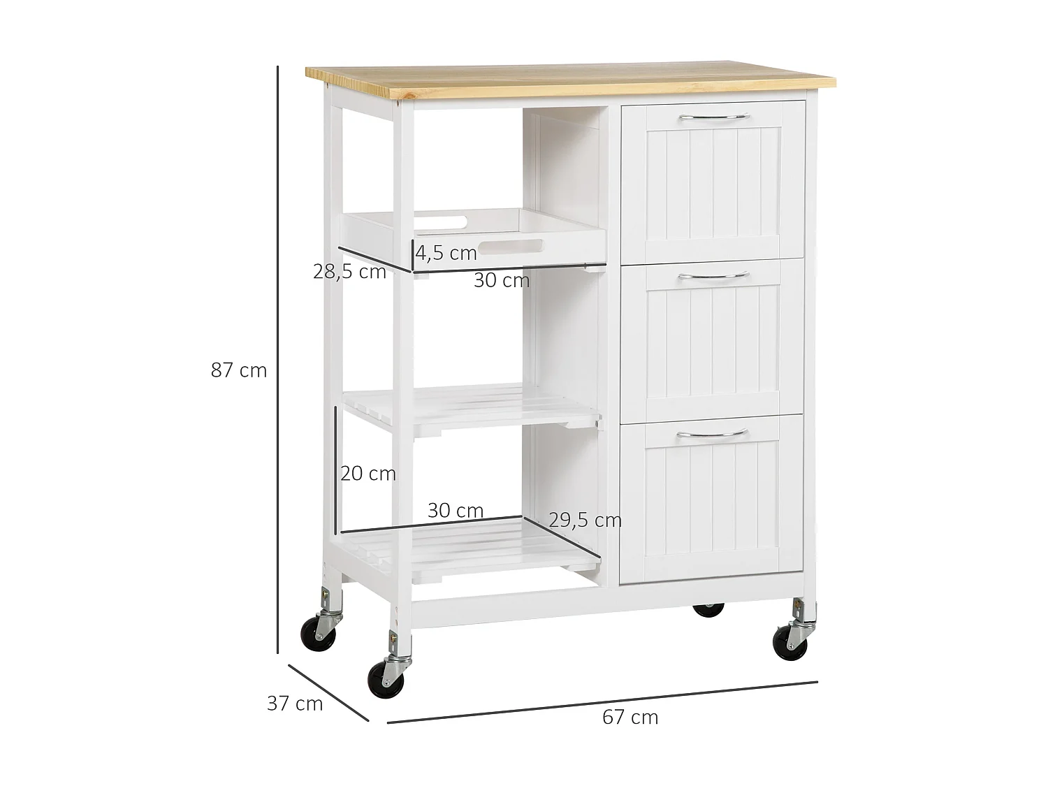 Chariot de cuisine style champêtre, îlot sur roulettes avec 3 tiroirs – Blanc