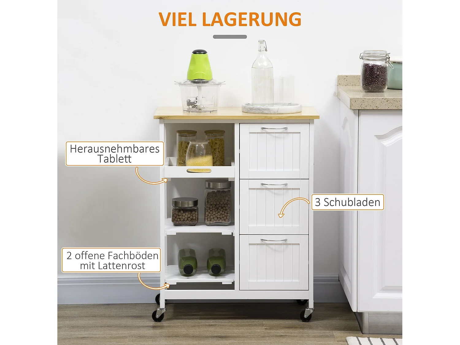 Chariot de cuisine style champêtre, îlot sur roulettes avec 3 tiroirs – Blanc