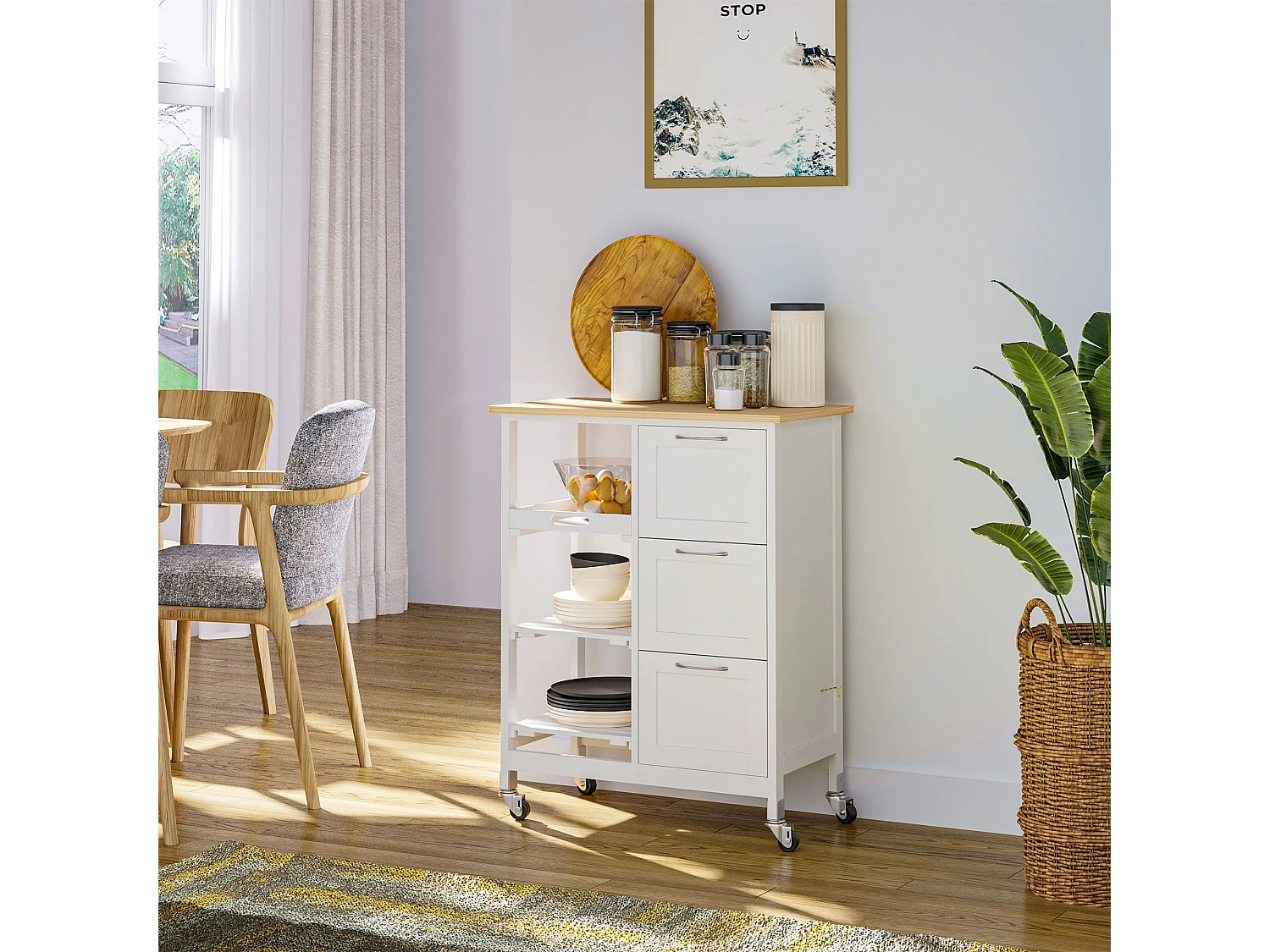 Chariot de cuisine style champêtre, îlot sur roulettes avec 3 tiroirs – Blanc