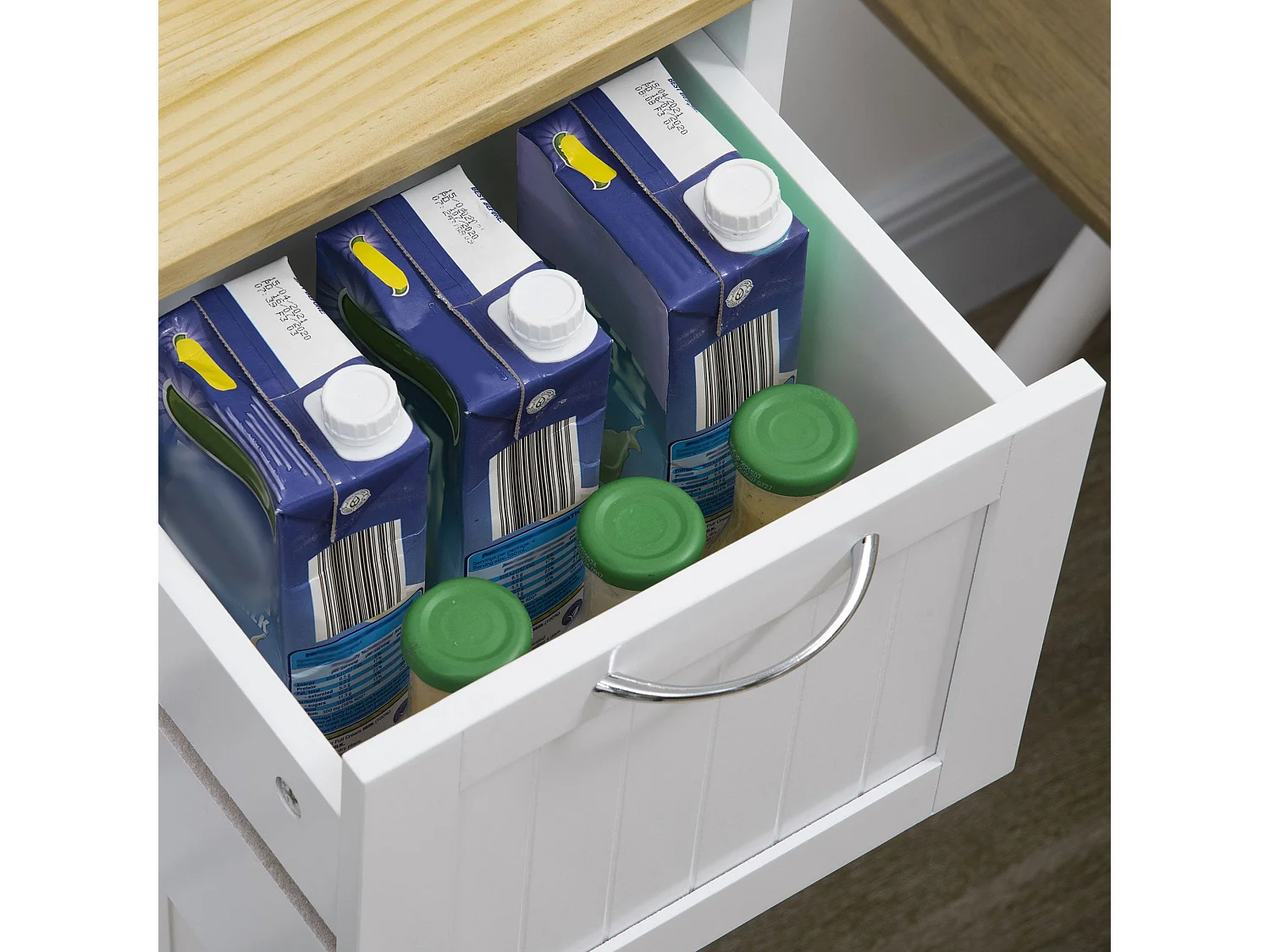 Chariot de cuisine style champêtre, îlot sur roulettes avec 3 tiroirs – Blanc