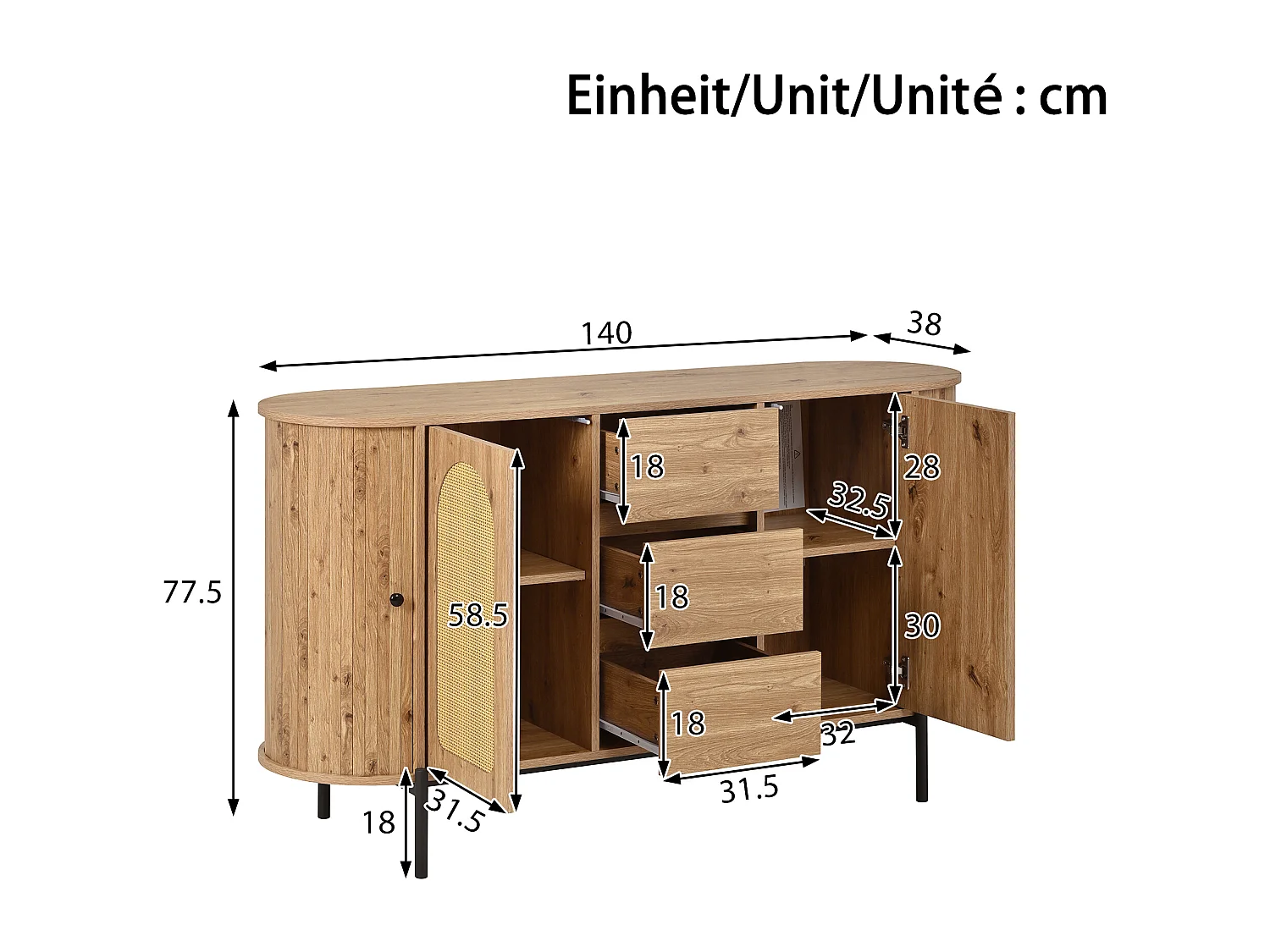 Ovales Sideboard aus Rattan – 140 x 38 x 77,5 cm – mit Schiebetüren und 3 Schubladen – Metallbeine – MDF – natur