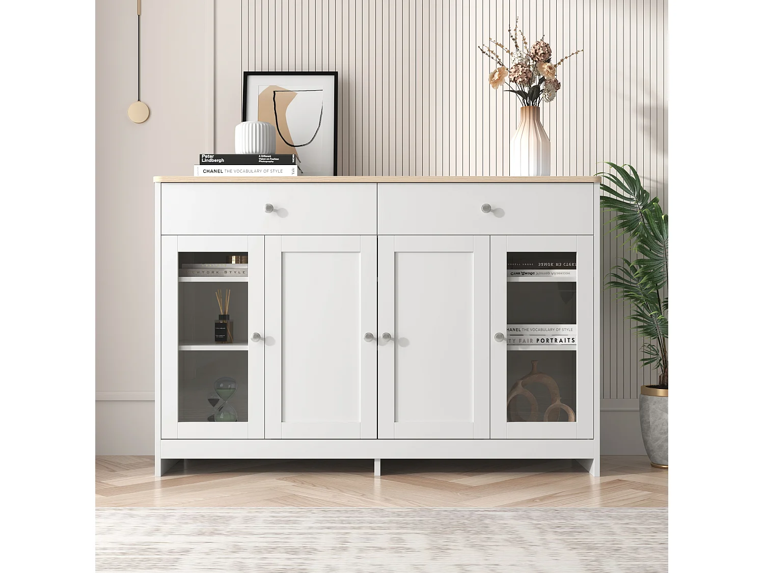 Moderne skænk med træramme til stuen - 120 x 37 x 80 cm - med 4 døre + 2 skuffer - MDF - hvid