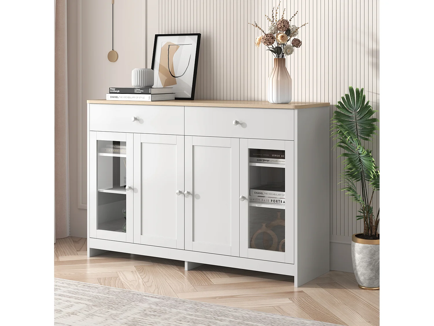 Moderne skænk med træramme til stuen - 120 x 37 x 80 cm - med 4 døre + 2 skuffer - MDF - hvid