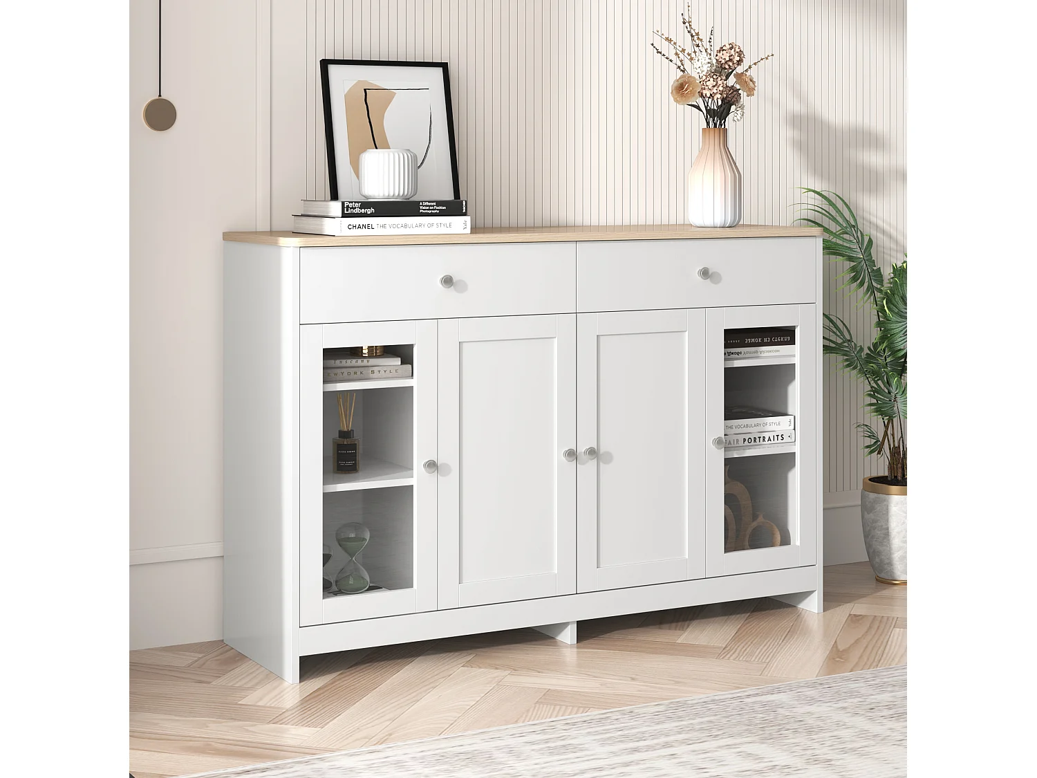 Moderne skænk med træramme til stuen - 120 x 37 x 80 cm - med 4 døre + 2 skuffer - MDF - hvid