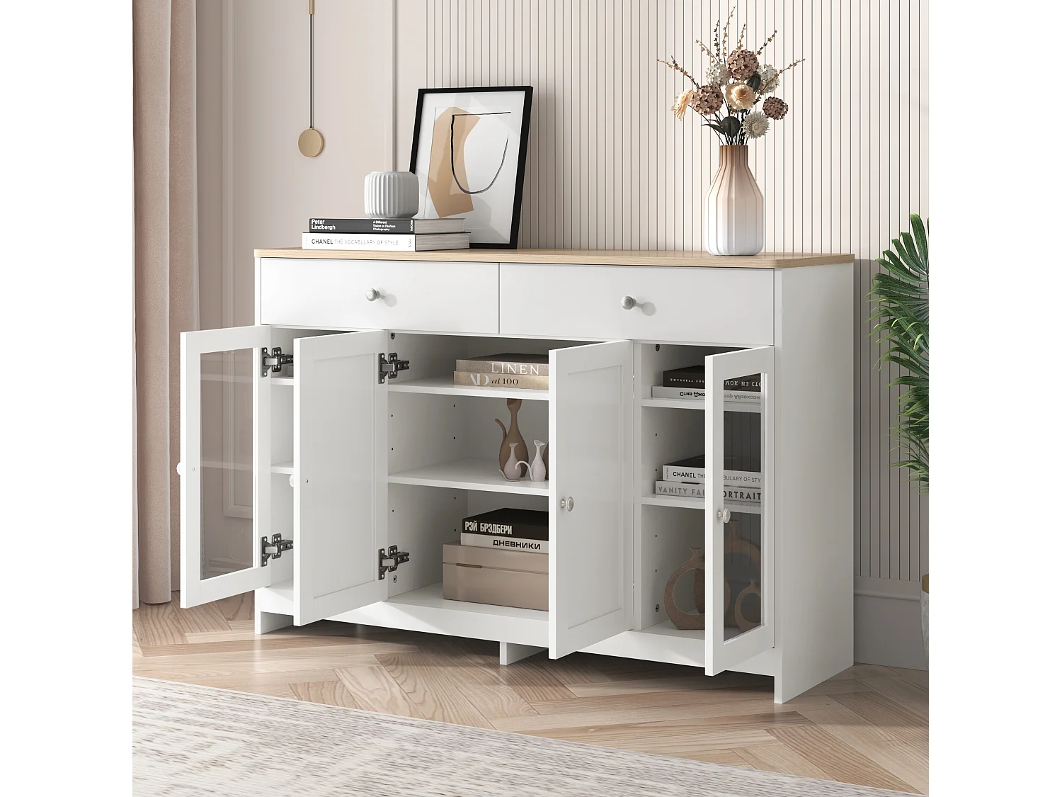 Moderne skænk med træramme til stuen - 120 x 37 x 80 cm - med 4 døre + 2 skuffer - MDF - hvid