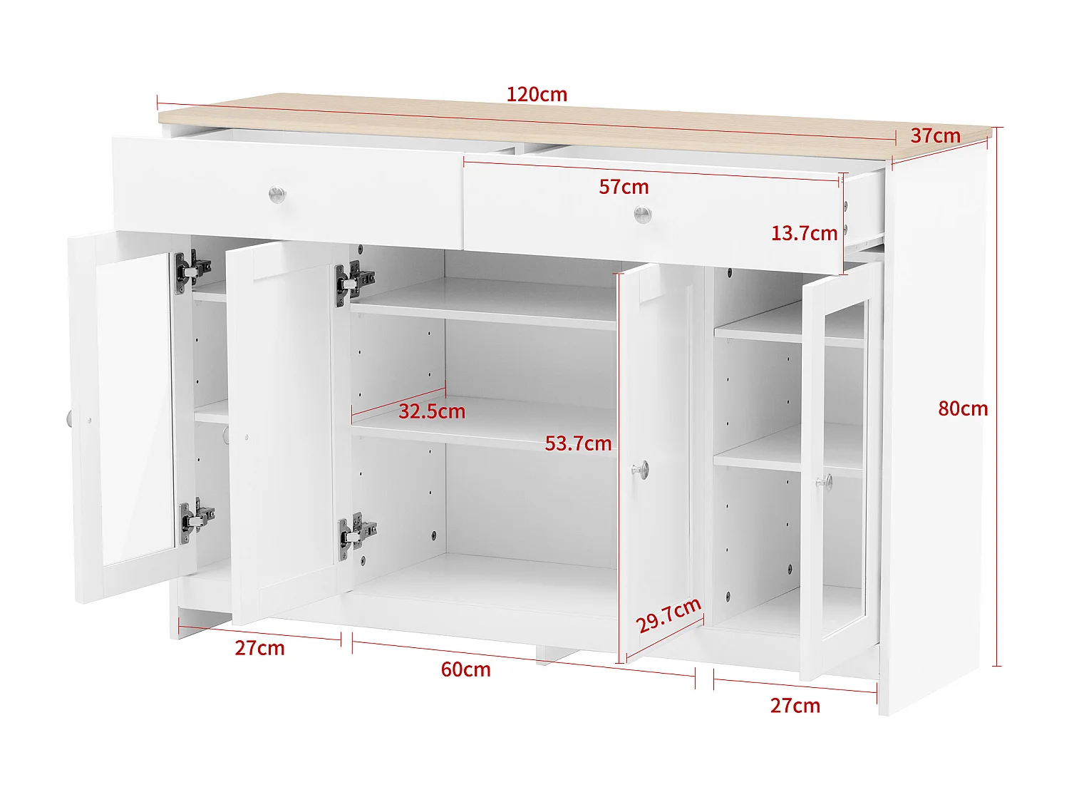 Moderne skænk med træramme til stuen - 120 x 37 x 80 cm - med 4 døre + 2 skuffer - MDF - hvid