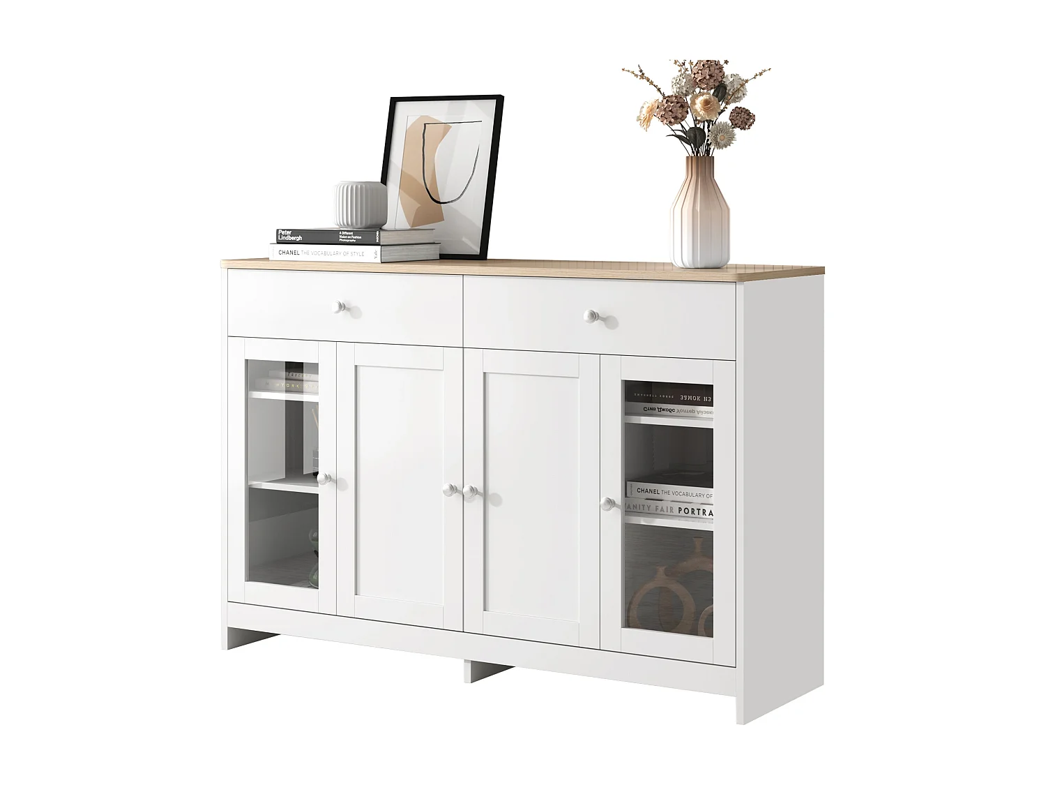Moderne skænk med træramme til stuen - 120 x 37 x 80 cm - med 4 døre + 2 skuffer - MDF - hvid