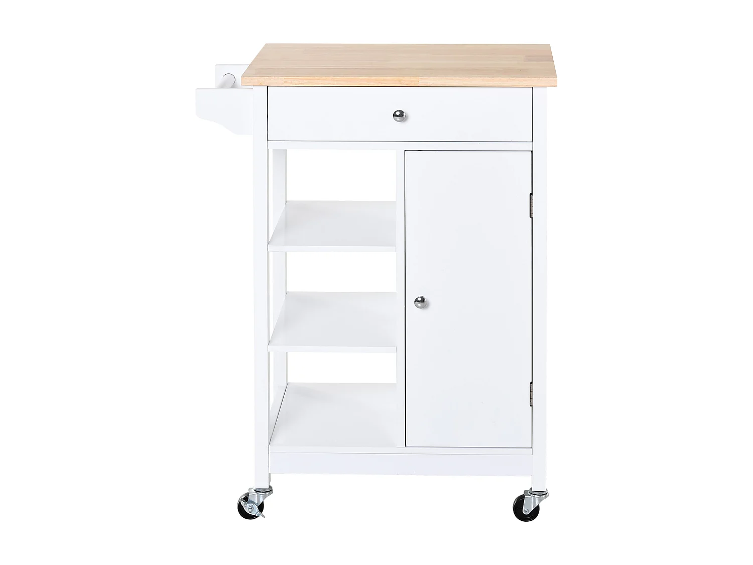 Chariot de cuisine, îlot sur roulettes avec plateau en bois, 3 étagères et placard de rangement – Blanc