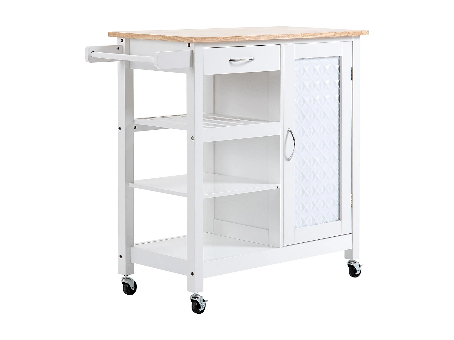 Chariot de cuisine, îlot sur roulettes avec panneau de porte à motif gaufré, chariot de rangement avec 3 étagères de stockage – Blanc