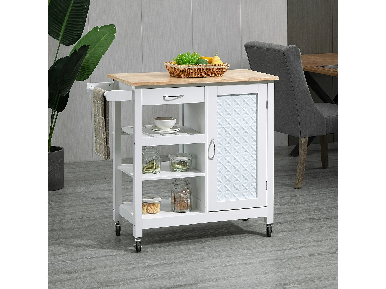 Chariot de cuisine, îlot sur roulettes avec panneau de porte à motif gaufré, chariot de rangement avec 3 étagères de stockage – Blanc