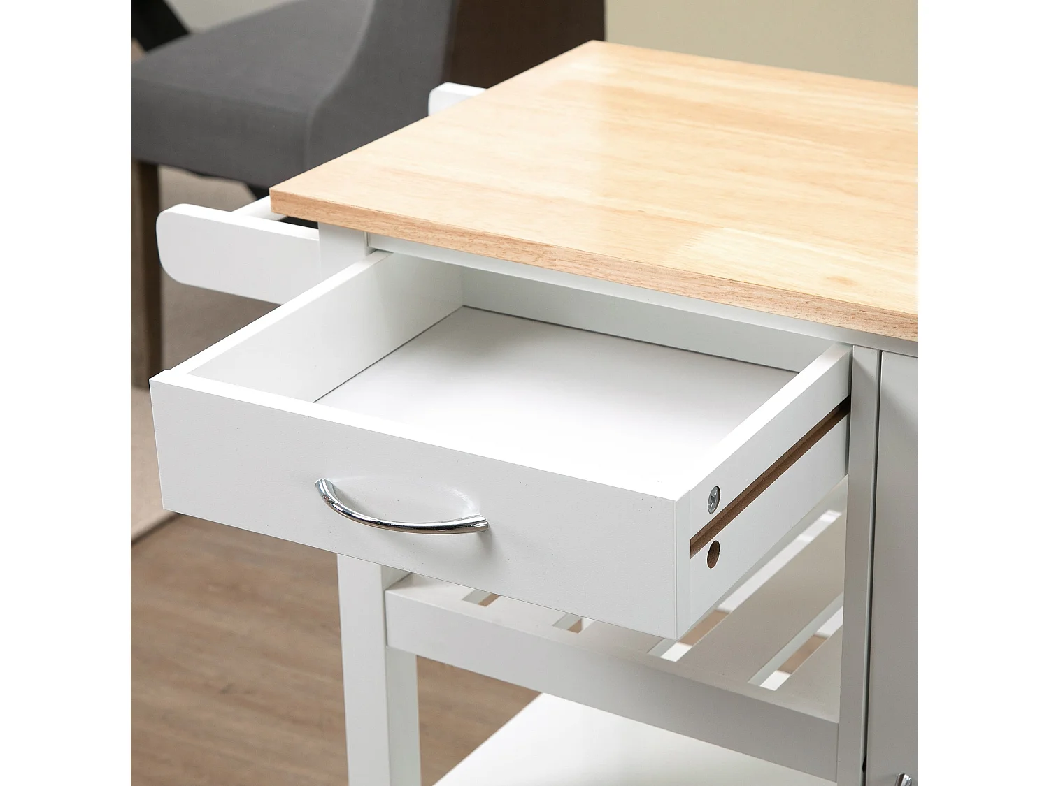 Chariot de cuisine, îlot sur roulettes avec panneau de porte à motif gaufré, chariot de rangement avec 3 étagères de stockage – Blanc