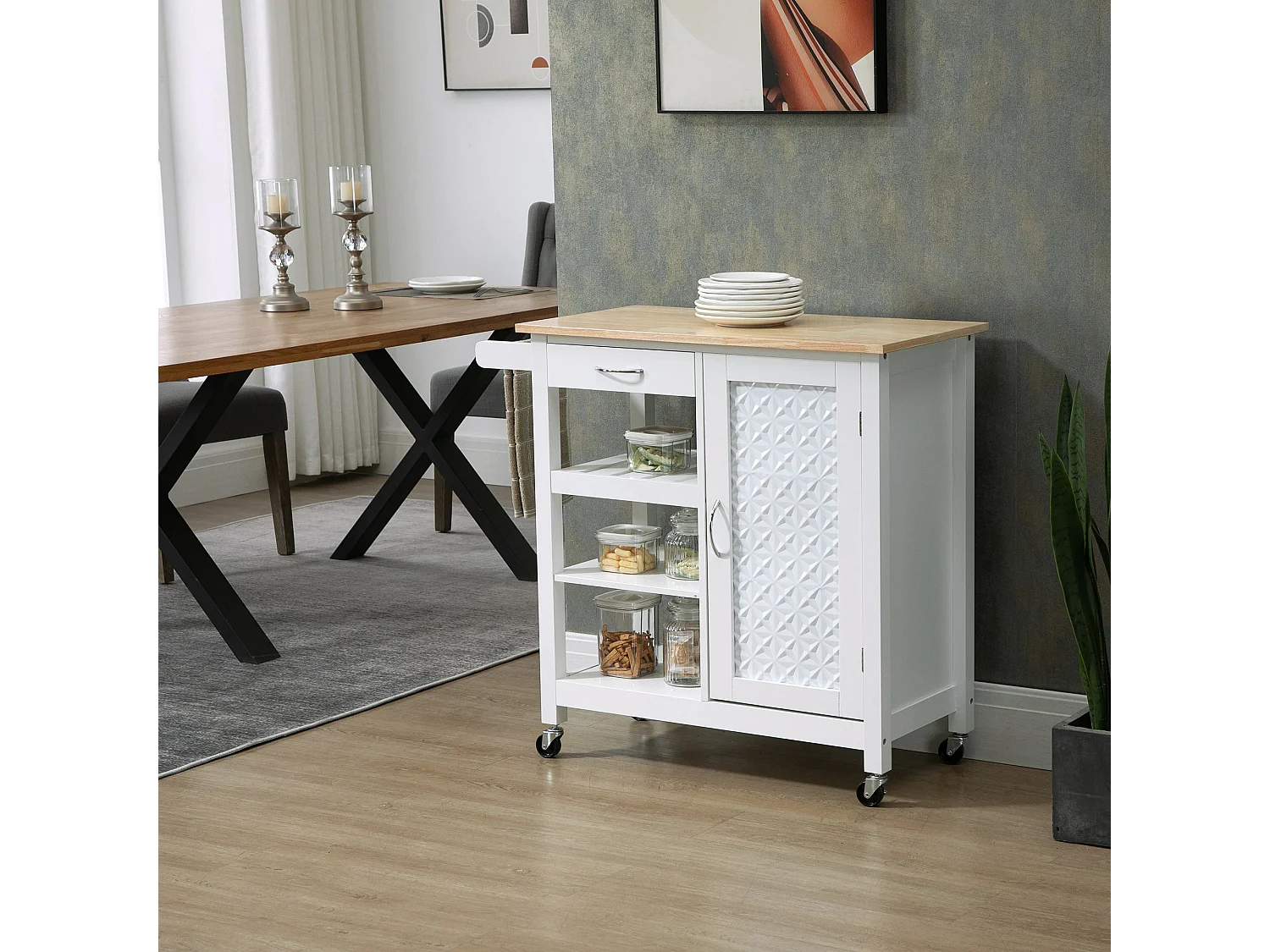 Chariot de cuisine, îlot sur roulettes avec panneau de porte à motif gaufré, chariot de rangement avec 3 étagères de stockage – Blanc