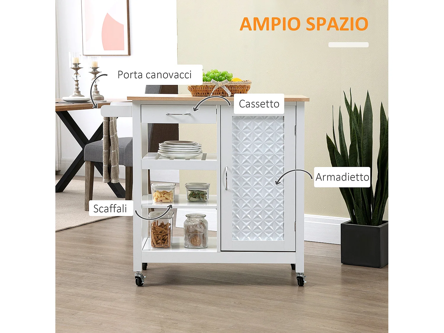 Chariot de cuisine, îlot sur roulettes avec panneau de porte à motif gaufré, chariot de rangement avec 3 étagères de stockage – Blanc