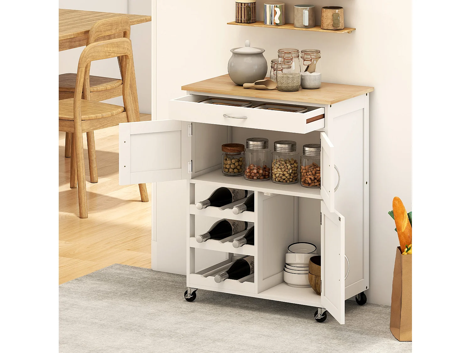 Chariot de cuisine moderne, îlot de rangement sur roulettes avec tiroir, rangement pour 9 bouteilles, placards, plan de travail en bois – Blanc
