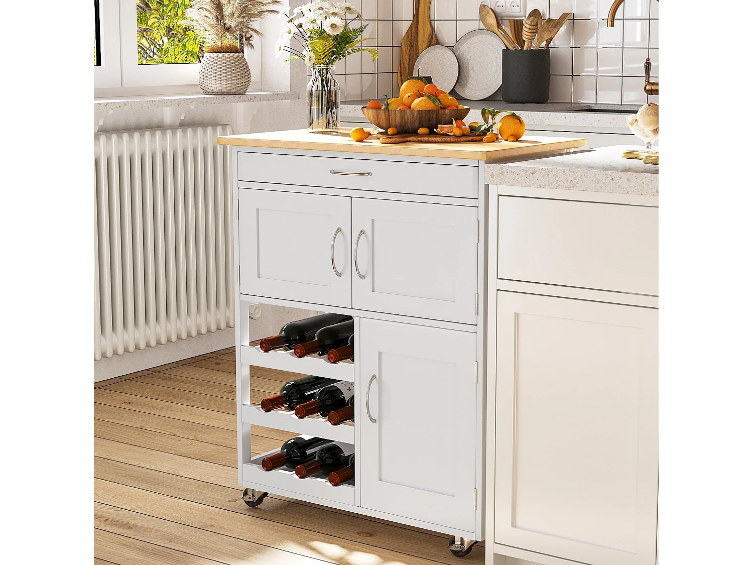 Chariot de cuisine moderne, îlot de rangement sur roulettes avec tiroir, rangement pour 9 bouteilles, placards, plan de travail en bois – Blanc
