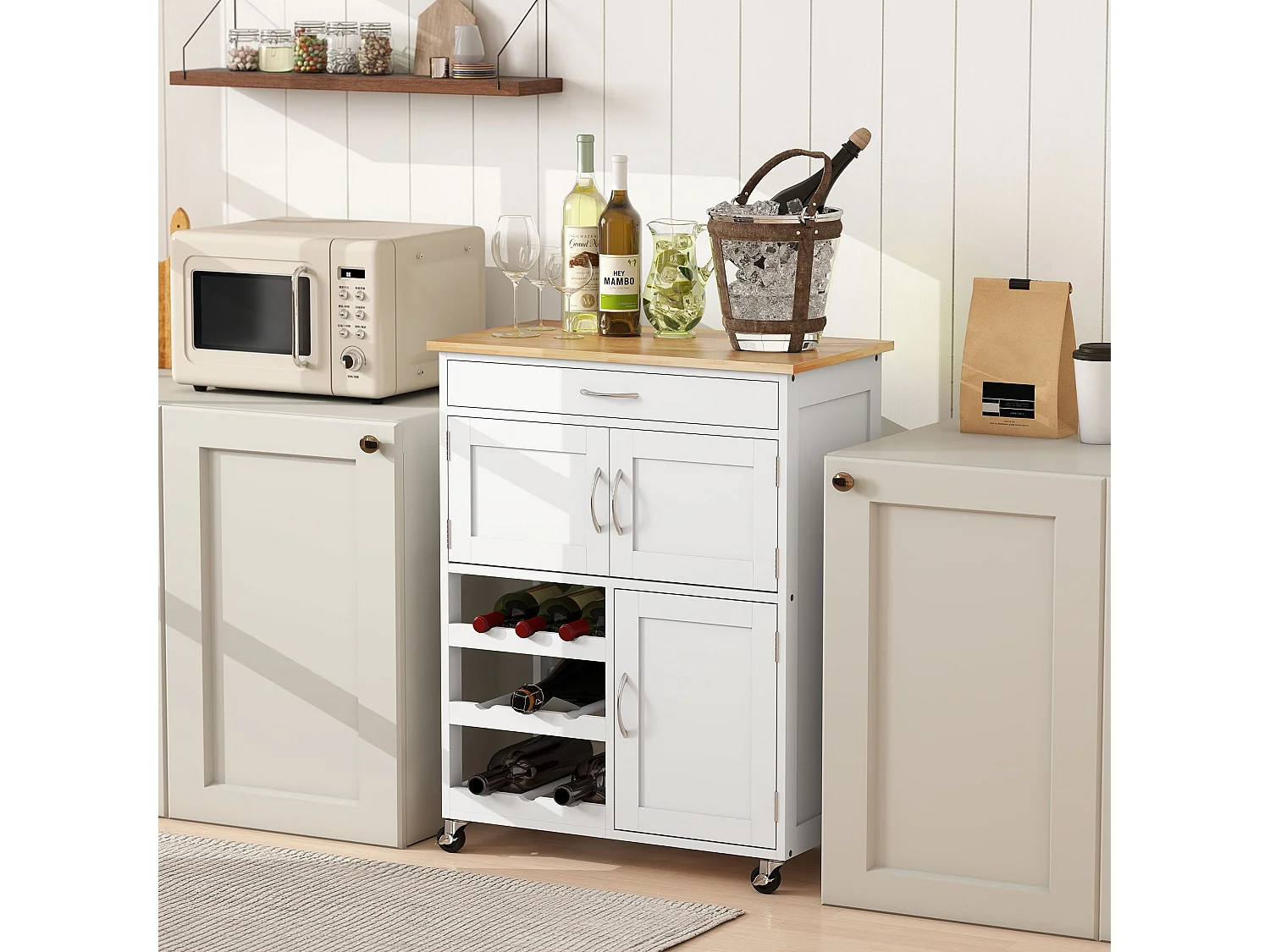 Chariot de cuisine moderne, îlot de rangement sur roulettes avec tiroir, rangement pour 9 bouteilles, placards, plan de travail en bois – Blanc