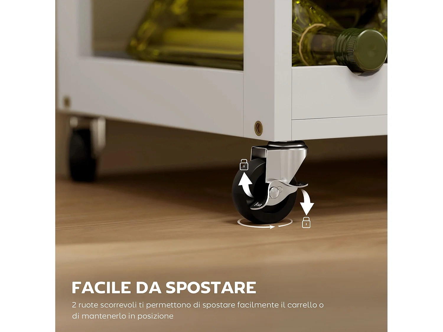 Chariot de cuisine moderne, îlot de rangement sur roulettes avec tiroir, rangement pour 9 bouteilles, placards, plan de travail en bois – Blanc