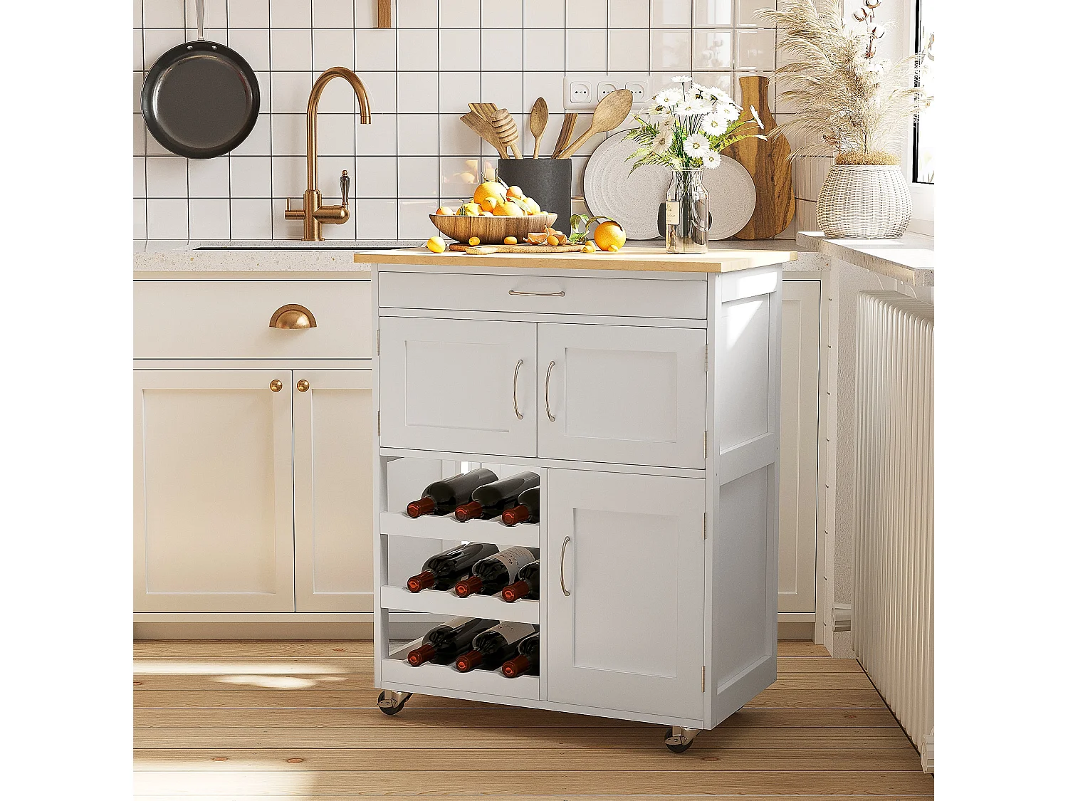 Chariot de cuisine moderne, îlot de rangement sur roulettes avec tiroir, rangement pour 9 bouteilles, placards, plan de travail en bois – Blanc