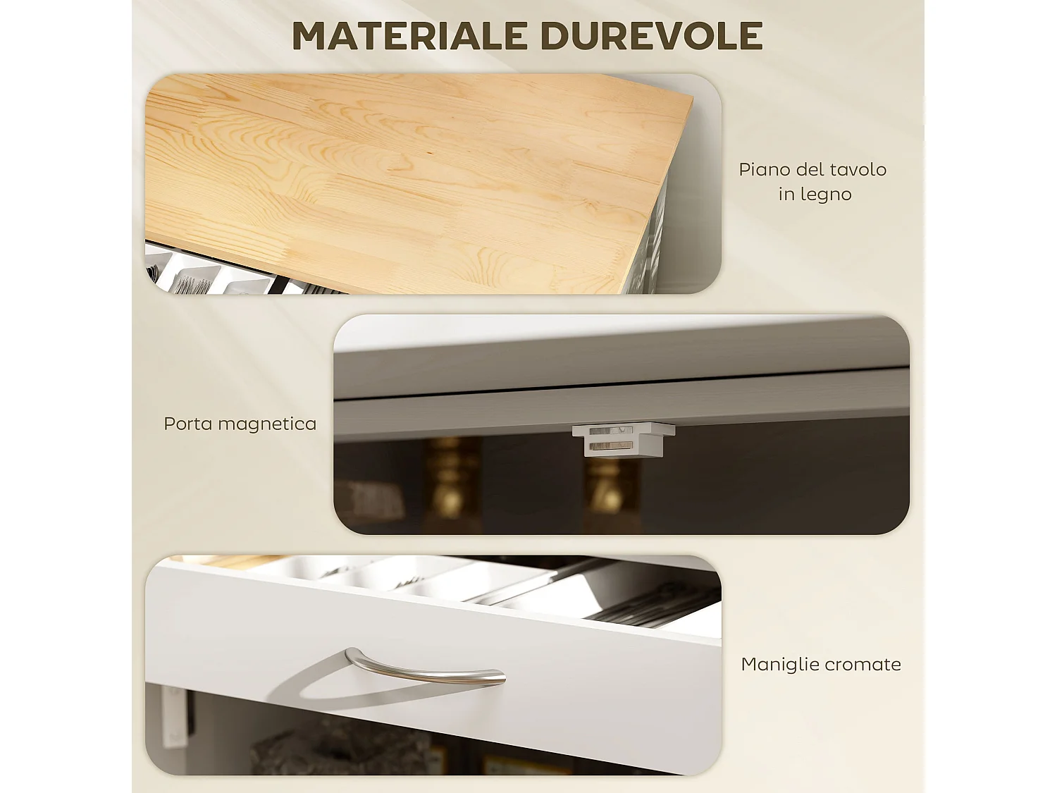 Chariot de cuisine moderne, îlot de rangement sur roulettes avec tiroir, rangement pour 9 bouteilles, placards, plan de travail en bois – Blanc