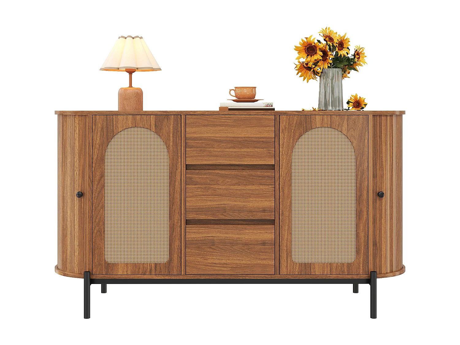 Komoda owalna z rattanu - 140 x 38 x 77,5 cm - z drzwiami przesuwnymi + 3 szuflady - nogi metalowe - płyta MDF - brązowa