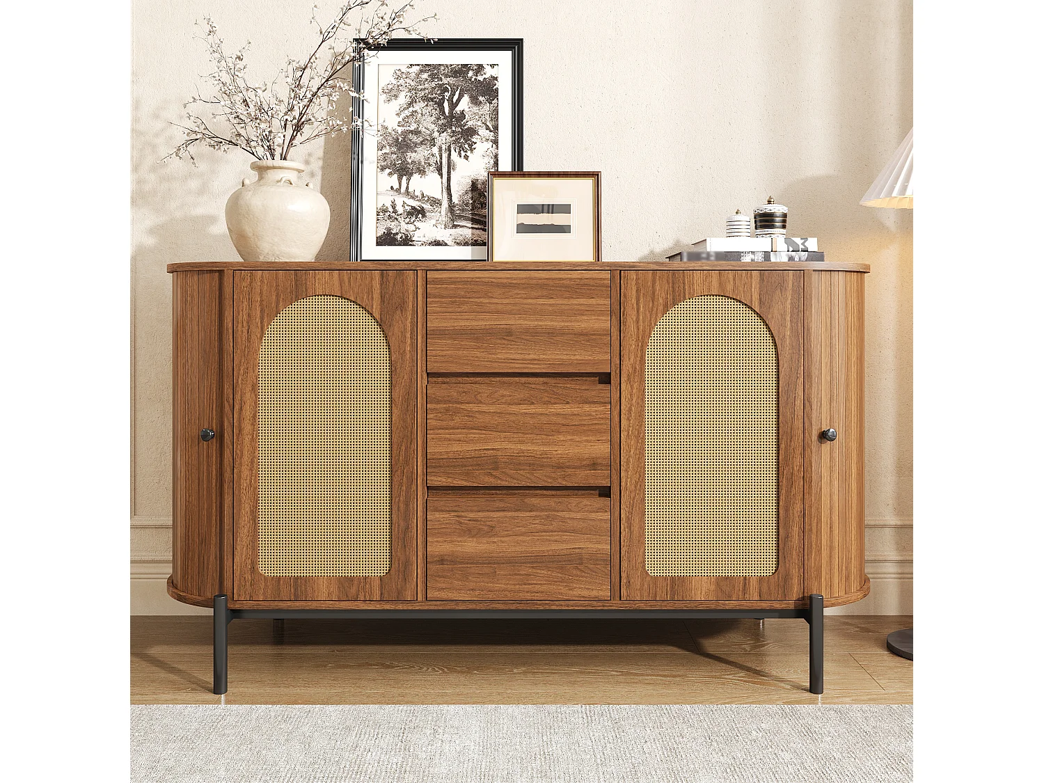 Komoda owalna z rattanu - 140 x 38 x 77,5 cm - z drzwiami przesuwnymi + 3 szuflady - nogi metalowe - płyta MDF - brązowa