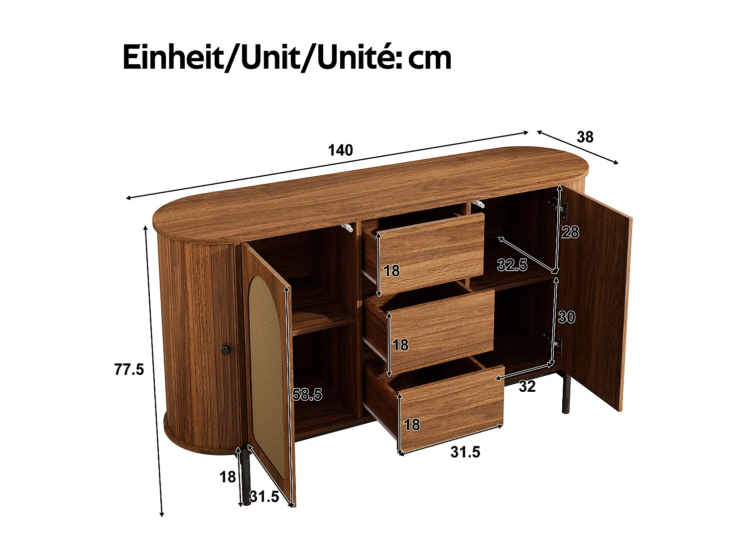 Komoda owalna z rattanu - 140 x 38 x 77,5 cm - z drzwiami przesuwnymi + 3 szuflady - nogi metalowe - płyta MDF - brązowa