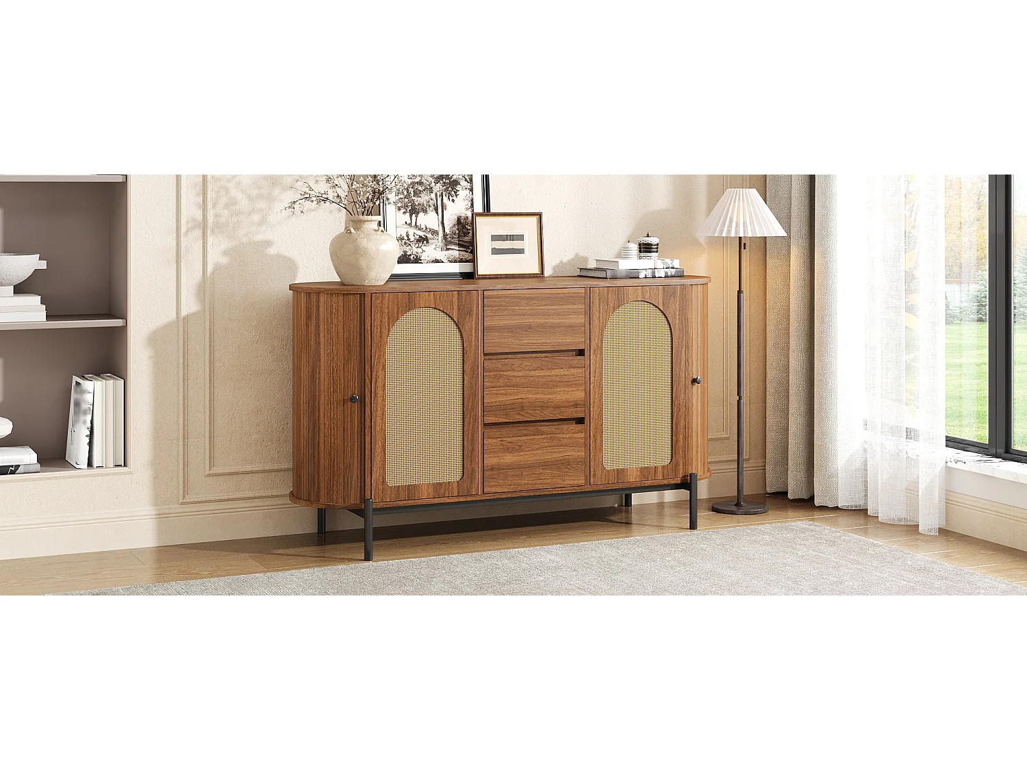 Komoda owalna z rattanu - 140 x 38 x 77,5 cm - z drzwiami przesuwnymi + 3 szuflady - nogi metalowe - płyta MDF - brązowa