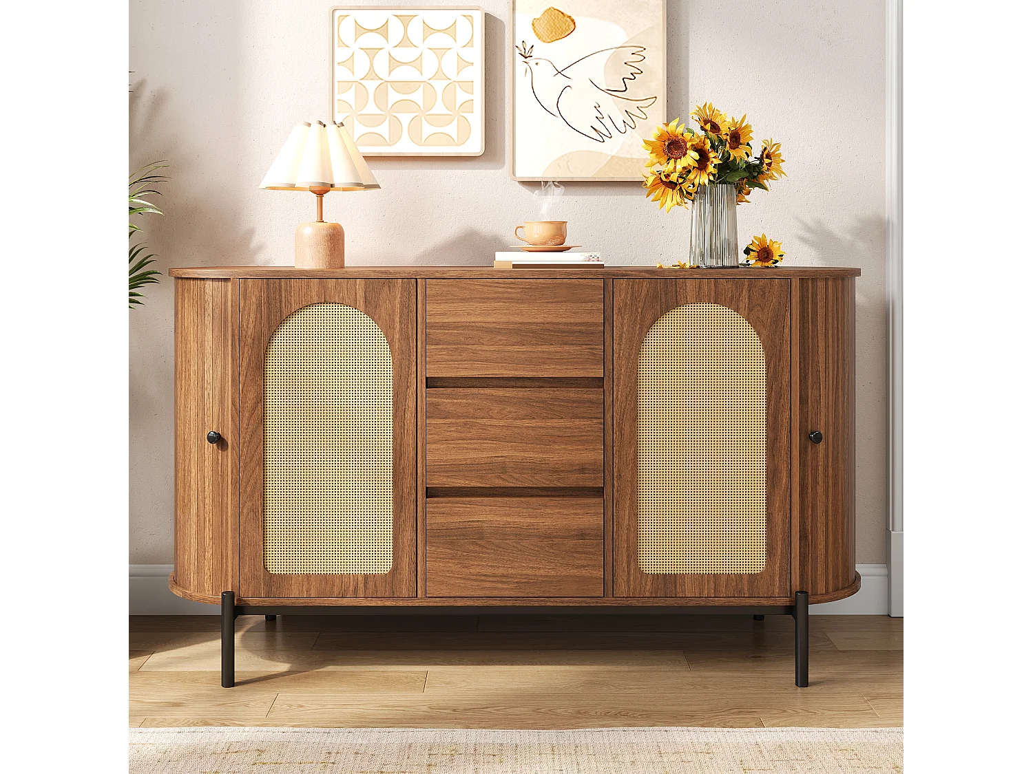 Komoda owalna z rattanu - 140 x 38 x 77,5 cm - z drzwiami przesuwnymi + 3 szuflady - nogi metalowe - płyta MDF - brązowa