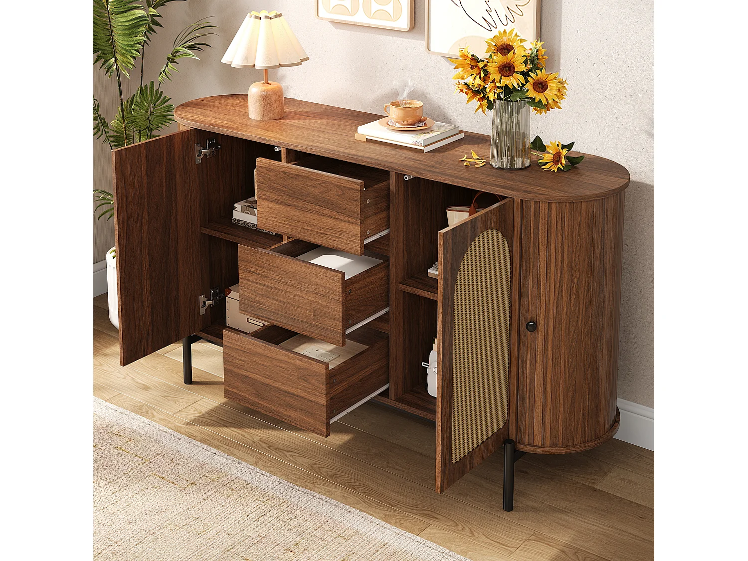 Komoda owalna z rattanu - 140 x 38 x 77,5 cm - z drzwiami przesuwnymi + 3 szuflady - nogi metalowe - płyta MDF - brązowa