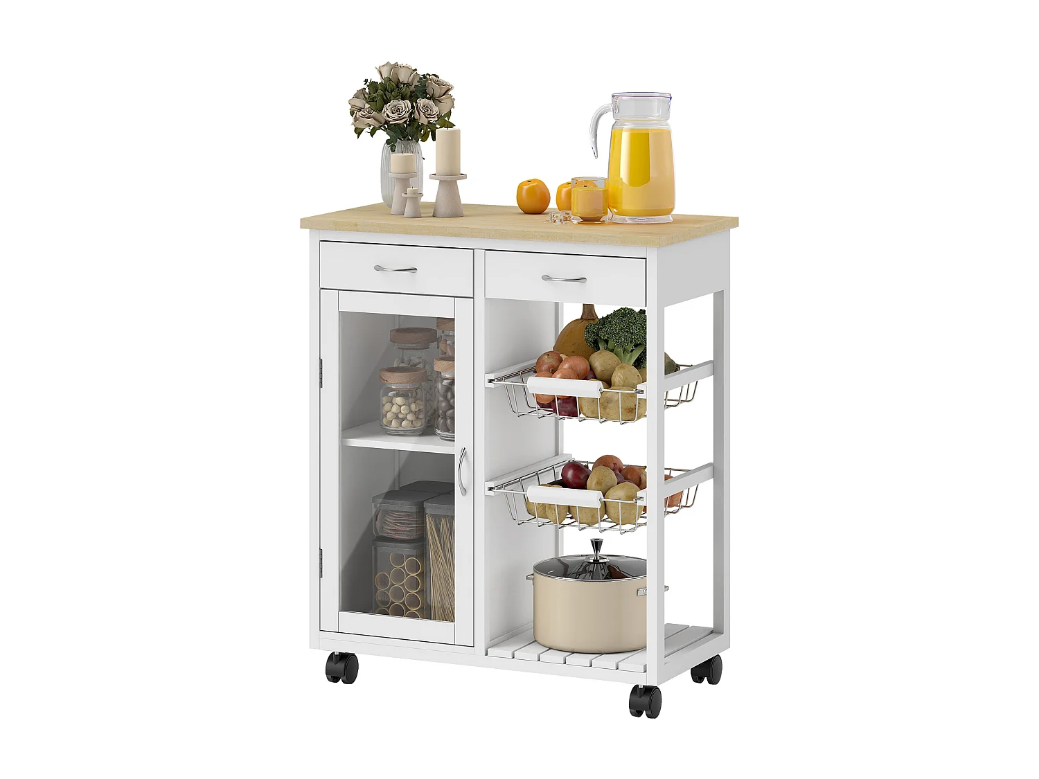 Desserte de cuisine à roulettes, îlot central cuisine avec plateau en bambou, porte vitrée, 67 x 35 x 80 cm, blanc