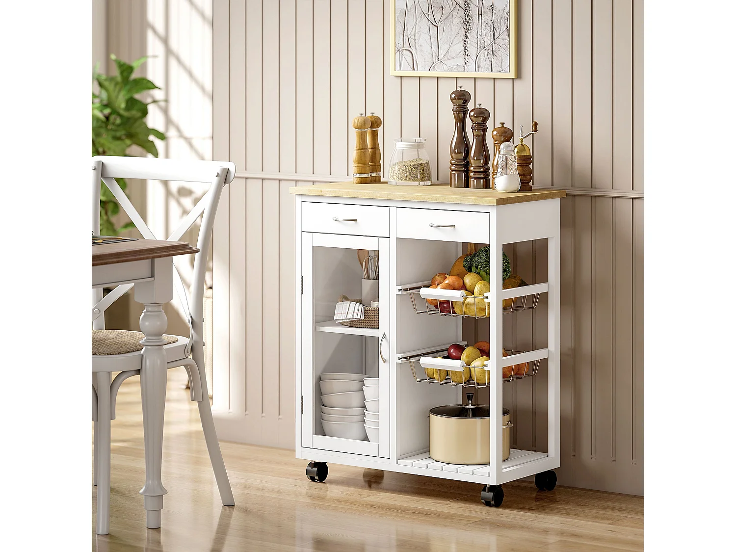 Desserte de cuisine à roulettes, îlot central cuisine avec plateau en bambou, porte vitrée, 67 x 35 x 80 cm, blanc