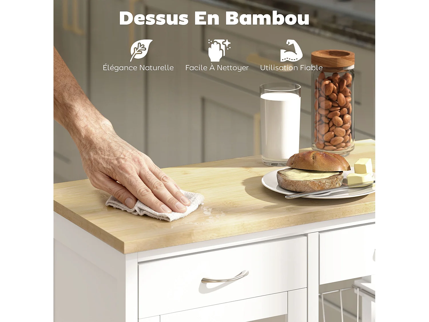 Desserte de cuisine à roulettes, îlot central cuisine avec plateau en bambou, porte vitrée, 67 x 35 x 80 cm, blanc