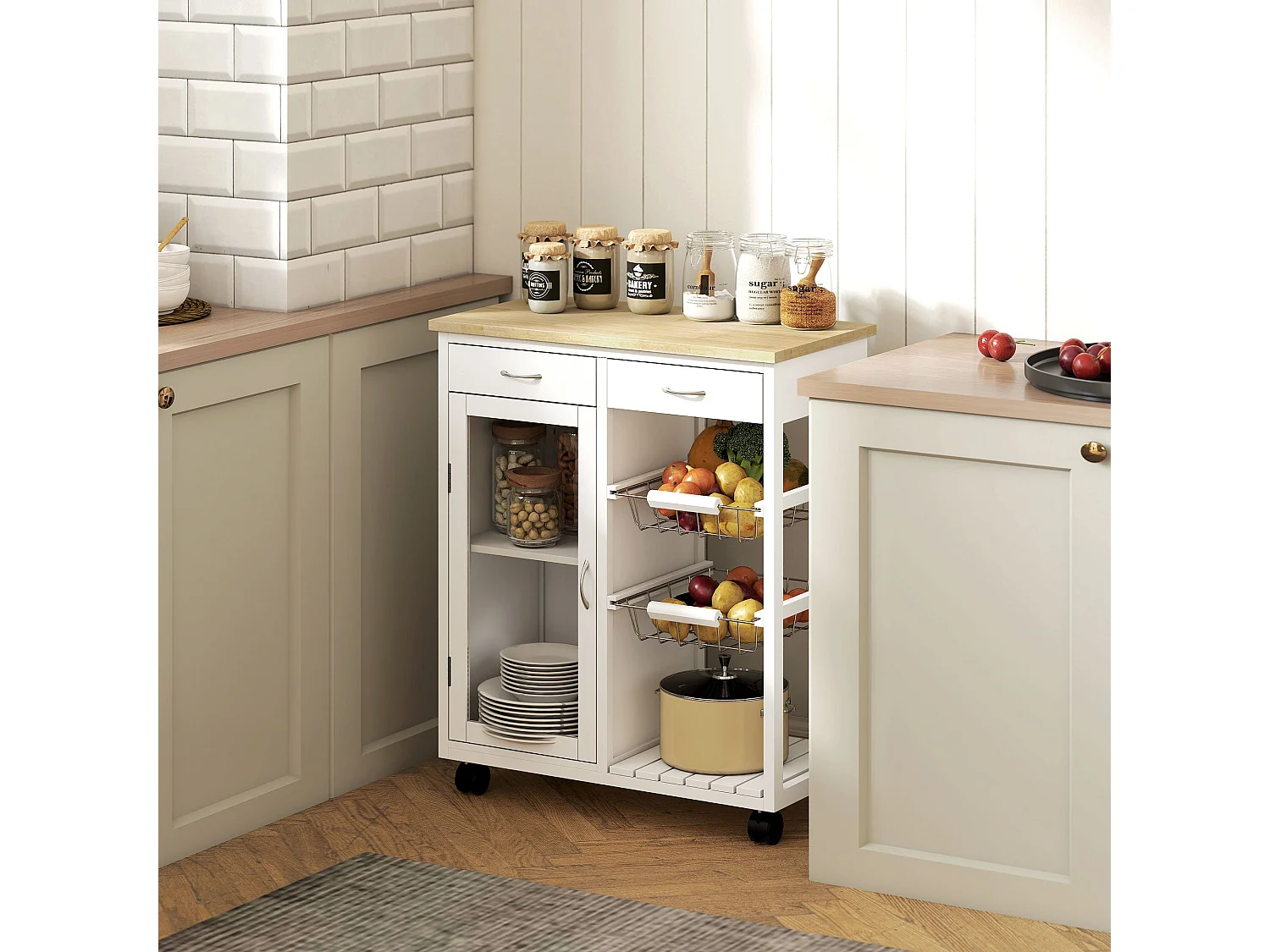 Desserte de cuisine à roulettes, îlot central cuisine avec plateau en bambou, porte vitrée, 67 x 35 x 80 cm, blanc