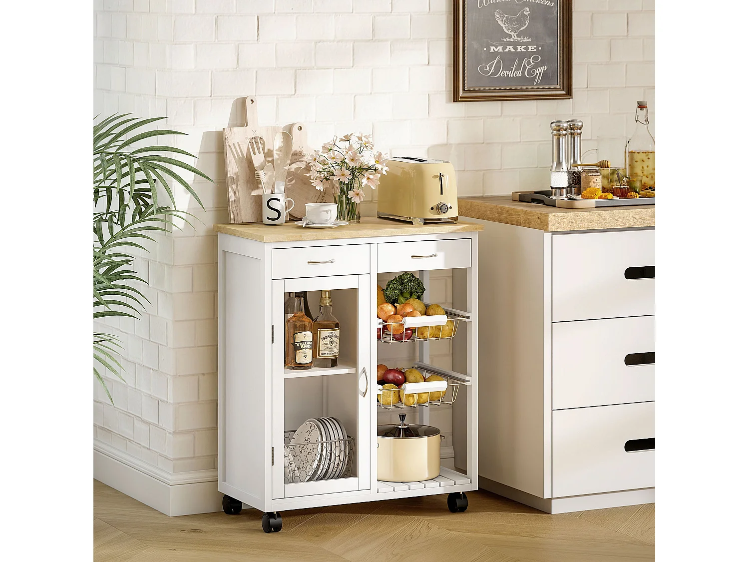 Desserte de cuisine à roulettes, îlot central cuisine avec plateau en bambou, porte vitrée, 67 x 35 x 80 cm, blanc