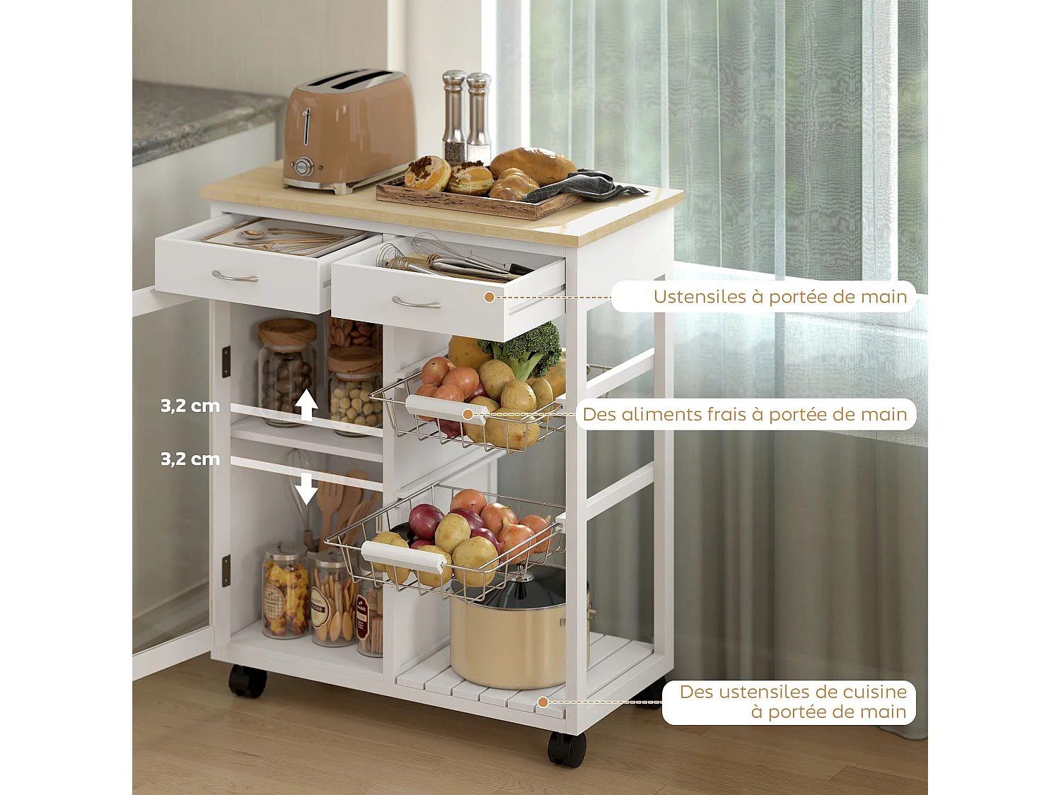 Desserte de cuisine à roulettes, îlot central cuisine avec plateau en bambou, porte vitrée, 67 x 35 x 80 cm, blanc